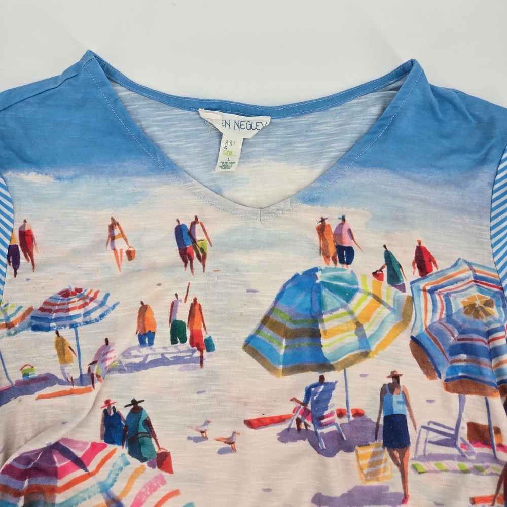 Ellen Negley Art & Sol Beach Umbrella Scene Tunic Top Large Blue Stripes VGUC
